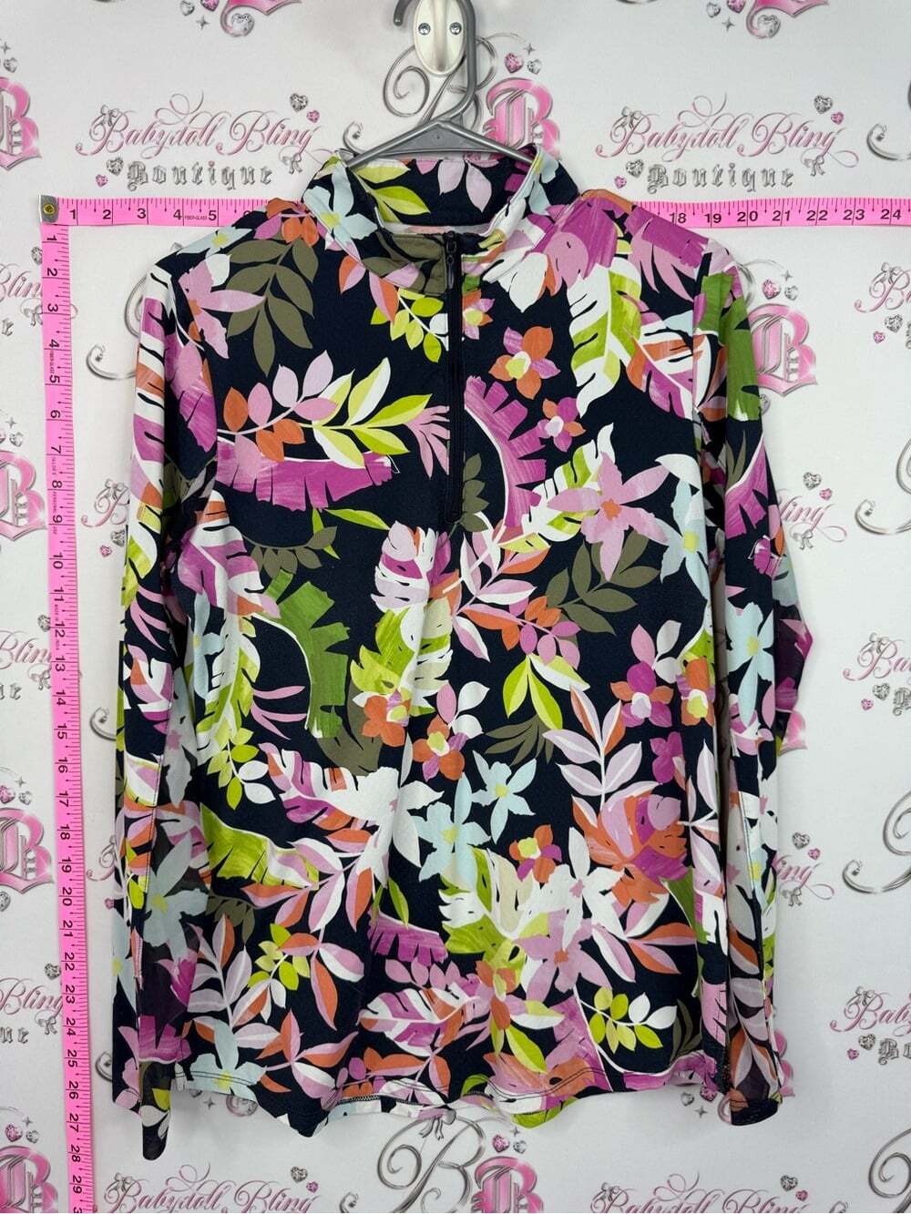 Tribal sweater Long Sleeve Zip Shirt - Black with Pink, Green & White Floral